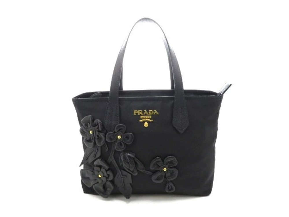 Prada Bag Shoulder Flower Calfskin Black